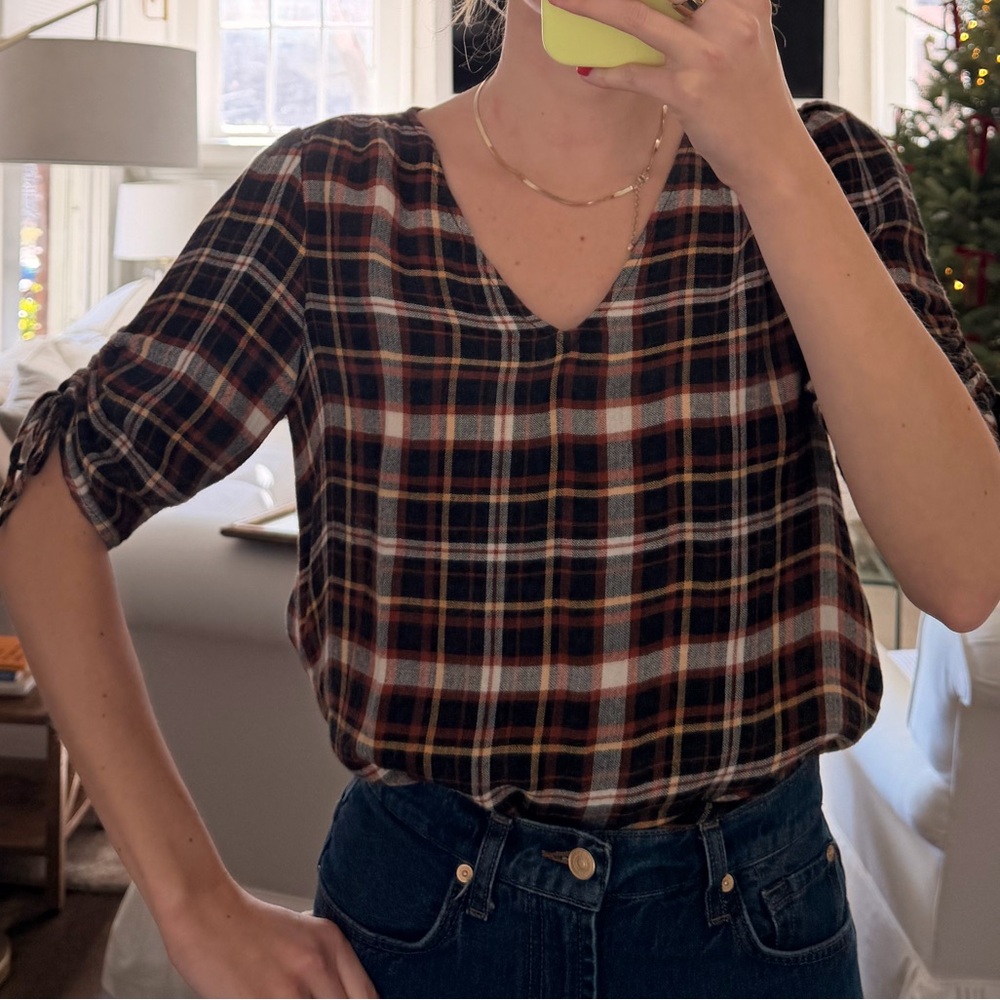 Madewell Black and Brown Plaid V-Neck Blouse